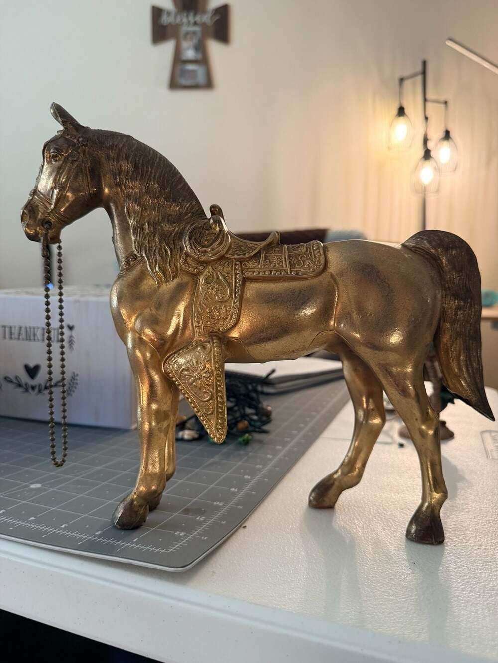 Vintage Cast Metal Gold Colored Horse Figurine Statue with Saddle